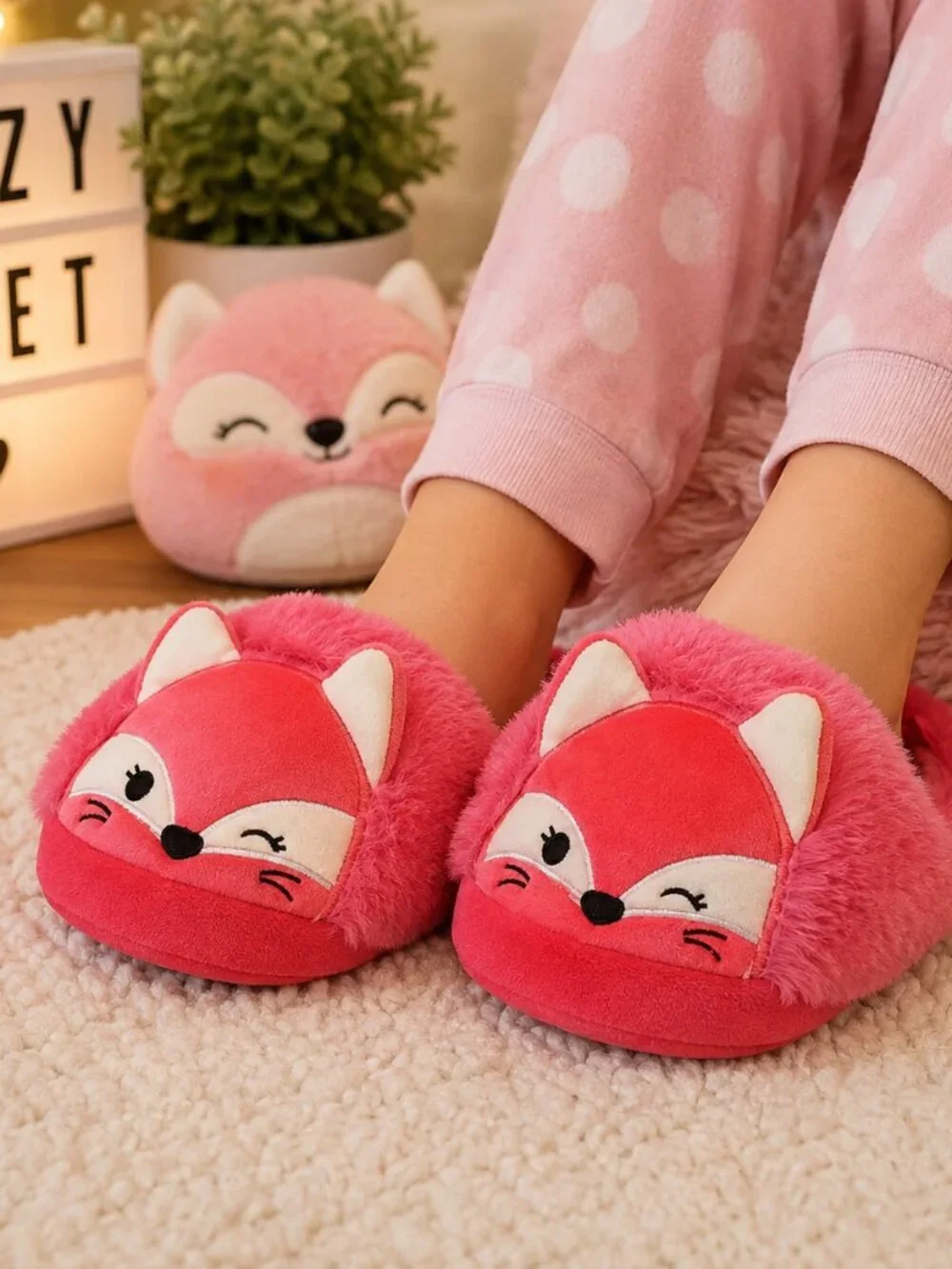 Squishmallows Pink Fox Plush Slippers Kids Size 4/5 Fuzzy Cozy House Shoes